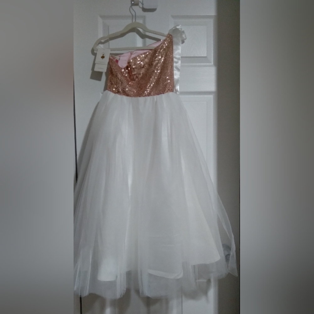 Girls One-Shoulder Rose Gold Sequin & White Tulle Formal Dress